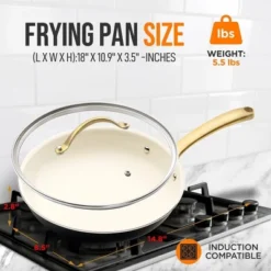 NutriChef 10” Fry Pan With Lid - Medium Skillet Nonstick Frying Pan With Golden Titanium Coated Silicone Handle