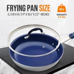 NutriChef 10" Fry Pan With Lid - Medium Skillet Nonstick Frying Pan With Silicone Handle, Ceramic Coating, Blue Silicone Handle