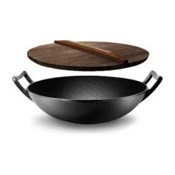 NutriChef Pre Seasoned Nonstick Cooking Wok Cast Iron Kitchen Stir Fry Pan W/ Wooden Lid For Gas, Electric, Ceramic, & Induction Countertops (2 Pack)