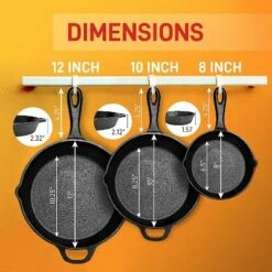 NutriChef Heavy Duty Non Stick Pre Seasoned Cast Iron Skillet Frying Pan 3 Piece Set Includes 8-Inch, 10-Inch, 12-Inch Pans, With Silicone Handles