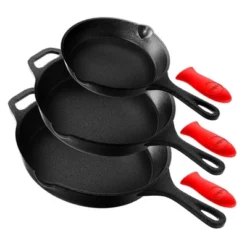 NutriChef Heavy Duty Non Stick Pre Seasoned Cast Iron Skillet Frying Pan 3 Piece Set, 8 Inch 10 Inch 12 Inch Pans With Silicone Handles (2 Pack)