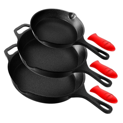 NutriChef Heavy Duty Non Stick Pre Seasoned Cast Iron Skillet Frying Pan 3 Piece Set, 8 Inch 10 Inch 12 Inch Pans With Silicone Handles (2 Pack) 1 NutriChef Heavy Duty Non Stick Pre Seasoned Cast Iron Skillet Frying Pan 3 Piece Set, 8 Inch 10 Inch 12 Inch Pans With Silicone Handles (2 Pack)