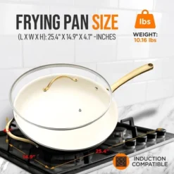 NutriChef 14” Fry Pan With Lid - Extra Large Skillet Nonstick Frying Pan With Golden Titanium Coated Silicone Handle